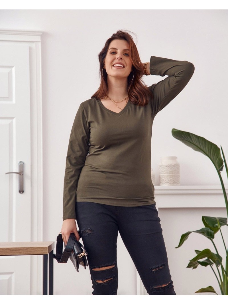 Plus Size khaki blúzka s dlhým rukávom FK568 - Internetový obchod - Butik